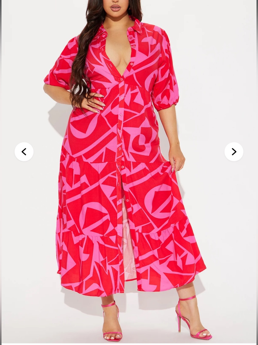 Bold Abstract Print Pink & Red Button-Down Dress